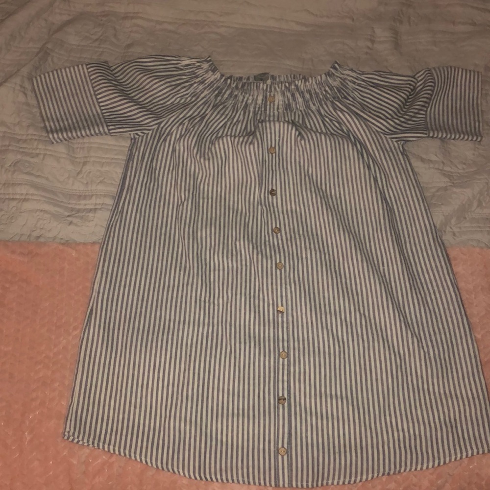 blue and white stripe off the shoulder linen dress